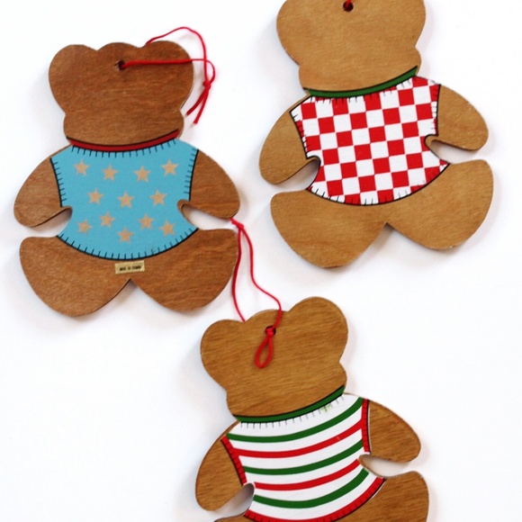 XMAS Ornaments Vintage Wood Teddy Bears Set of 3 MCM Made in Taiwan Cottagecore - Picture 6 of 8